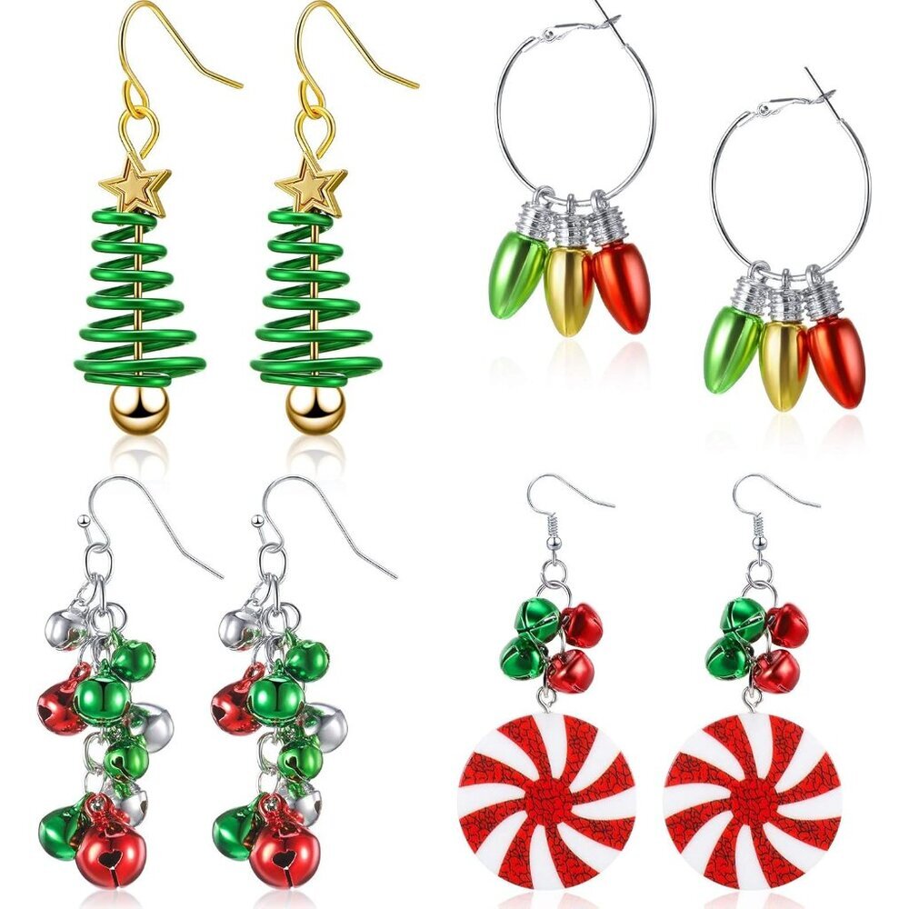 4 Pairs Christmas Earrings for Women Holiday Drop Dangle Earrings Set Xmas Tree
